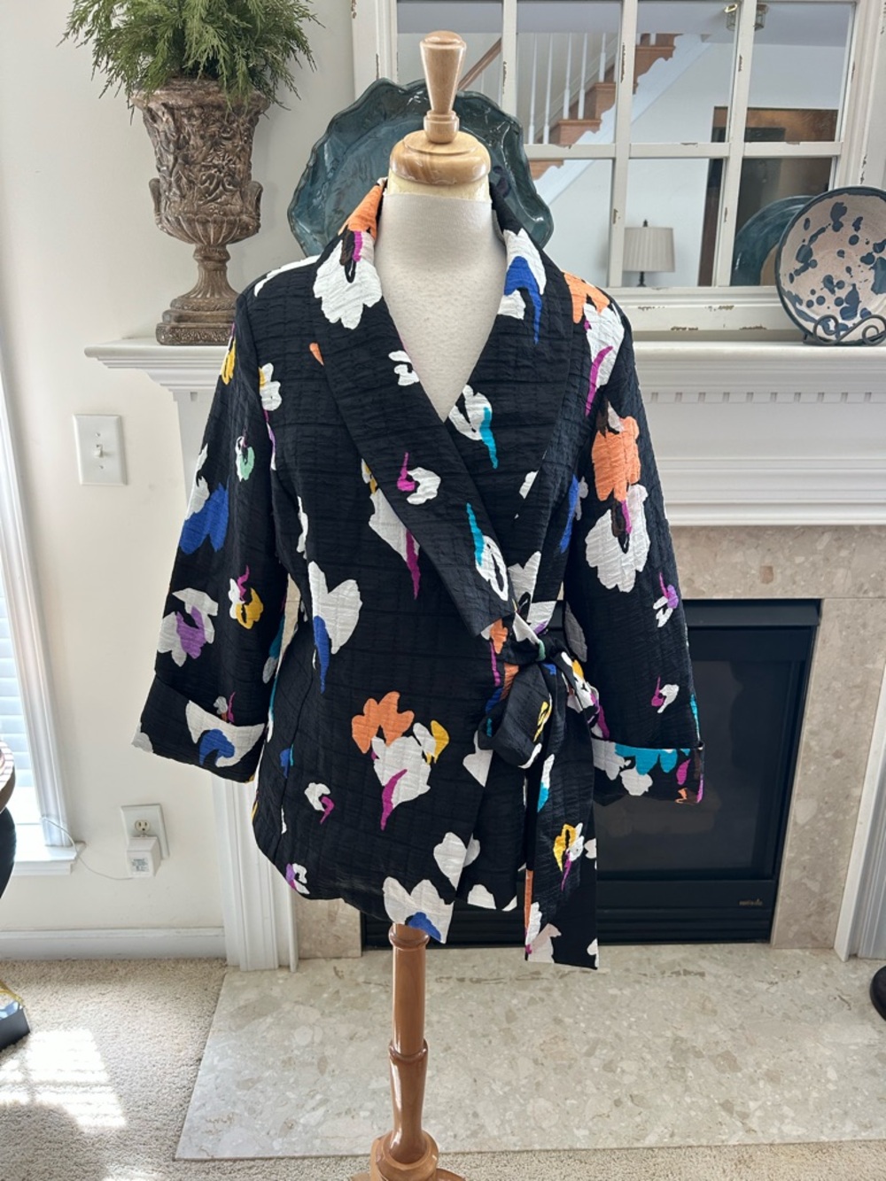Black Floral Wrap Jacket with Multicolor Abstract Blooms-IC By Connie K